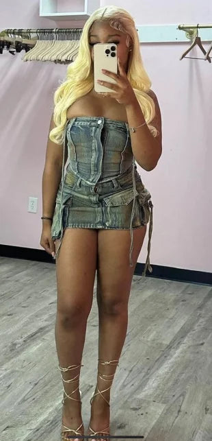 Trendy Denim Skirt Outfits Women Clothes 2024 S-Xl Sleeve Tube Top Mini Skirt Set Women Green Tie Dye Denim Two Piece Skirt Set