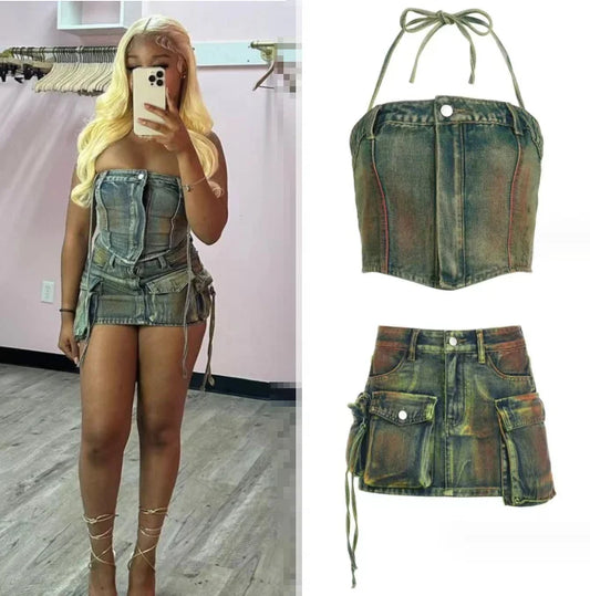 Trendy Denim Skirt Outfits Women Clothes 2024 S-Xl Sleeve Tube Top Mini Skirt Set Women Green Tie Dye Denim Two Piece Skirt Set